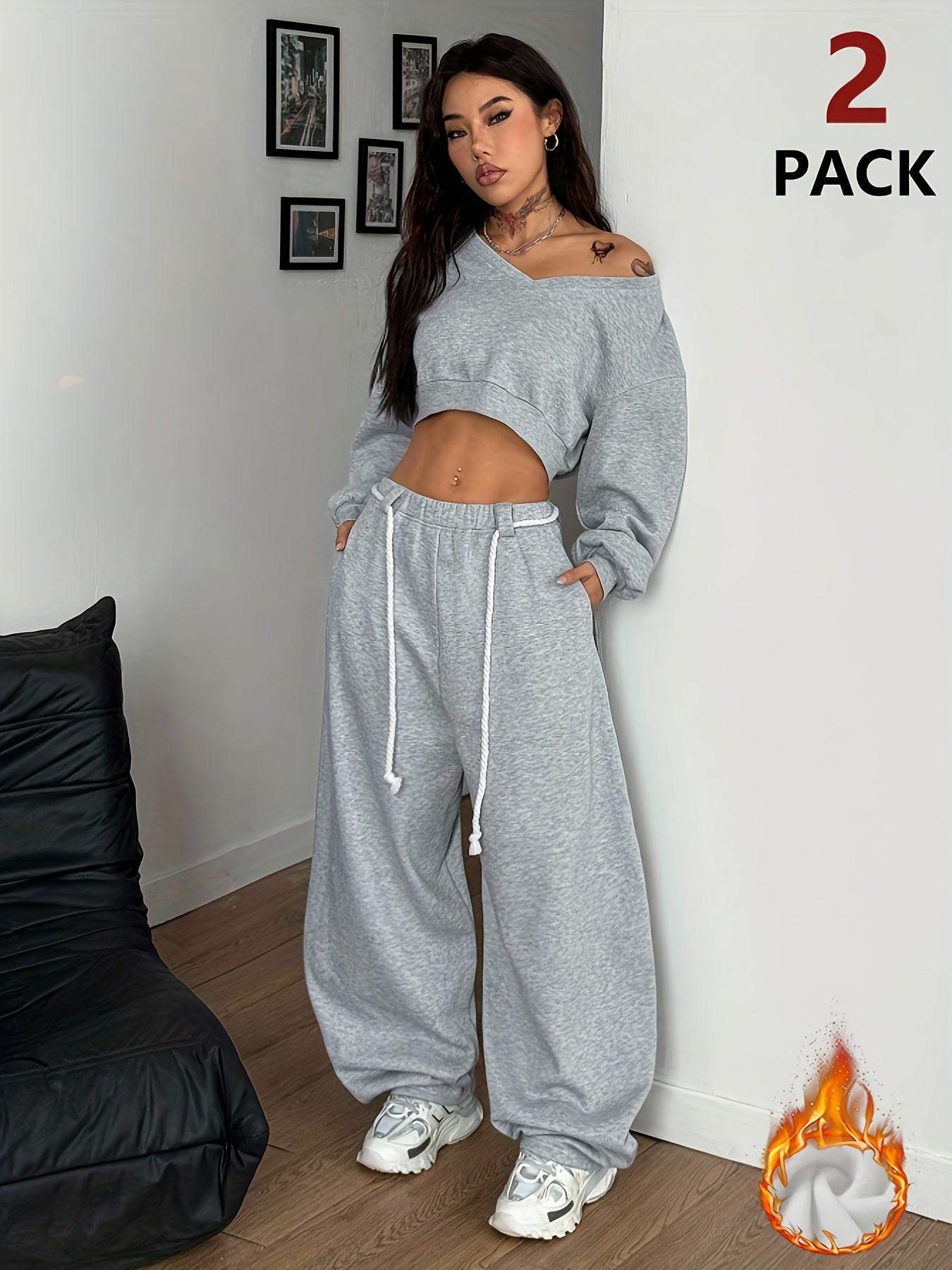 2025 No.: ZD0926244 Autumn/Winter Women's Oversize Solid Color Simple Fashion Long Pants Long Sleeve Set