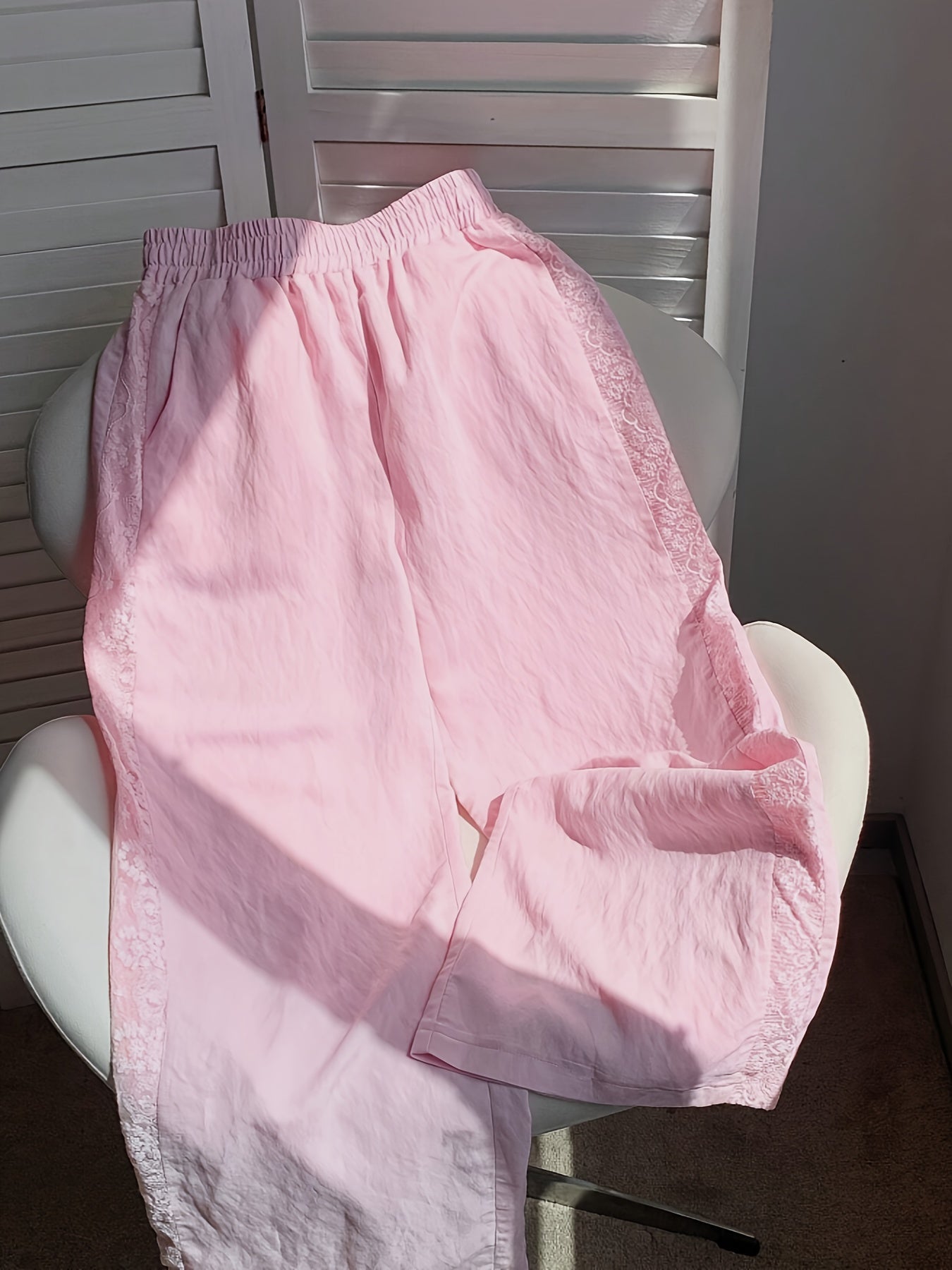 Pink Lace Patchwork Elastic Waist Casual Versatile Trousers