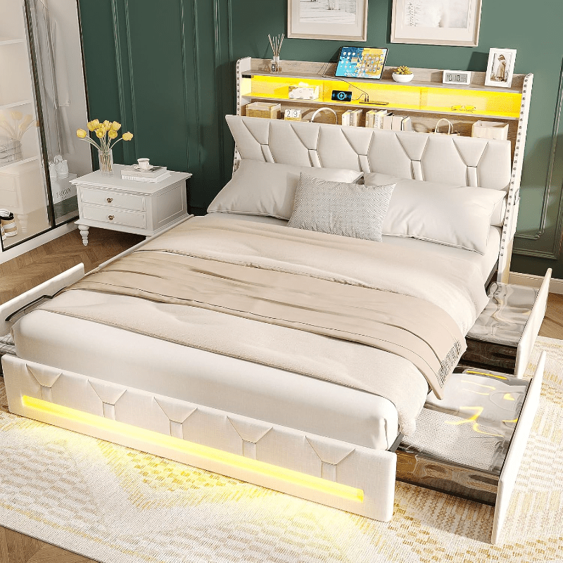 Bed Frame with Storage Drawers, Upholstered Platform Bed Frame Including Headboard, Charging Station & LED Lights, No Box Spring Required, Beige Color
