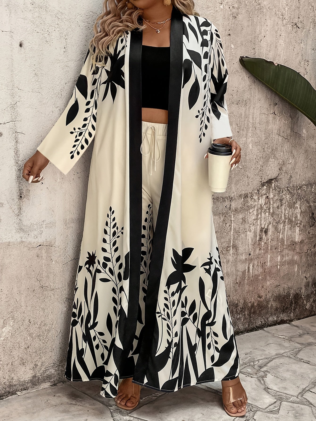 Tropical Leaf Print Maxi Coat & Wide-Leg Pants Set