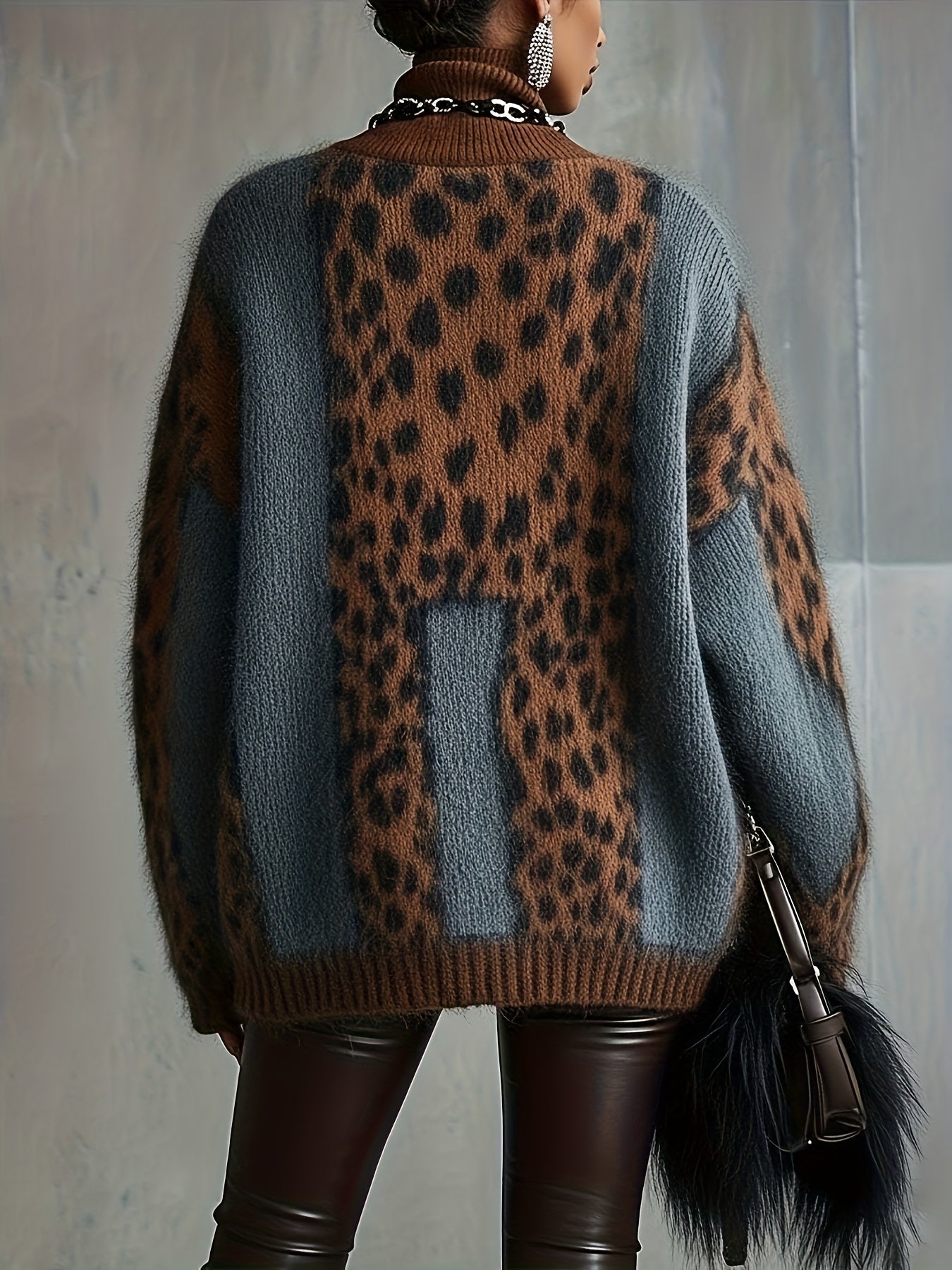 Vintage Leopard Print Contrast Color High Neck Loose Lazy Soft Long Sleeve Sweater