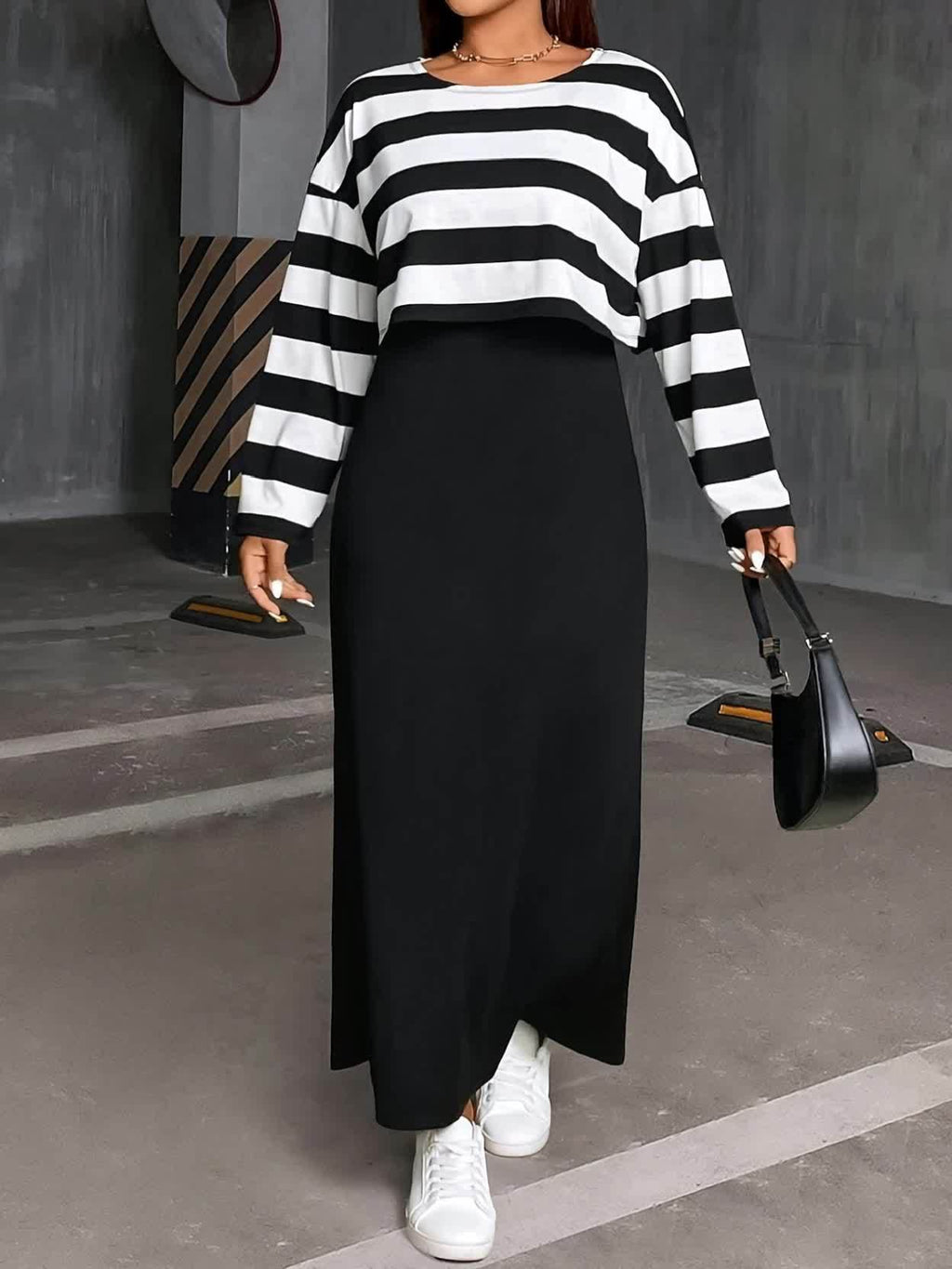 Oversized Striped Round Neck Camisole Dress & Loose Top