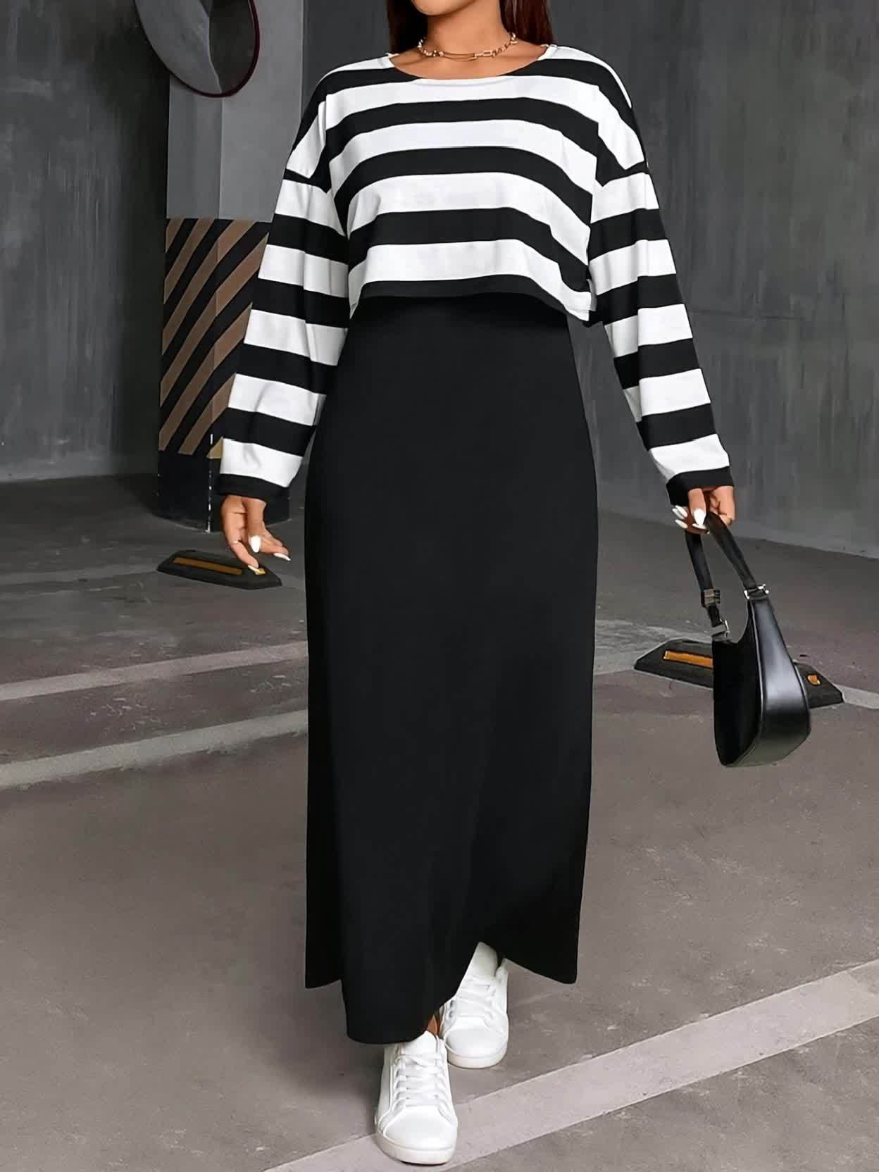 Oversized Striped Round Neck Camisole Dress & Loose Top