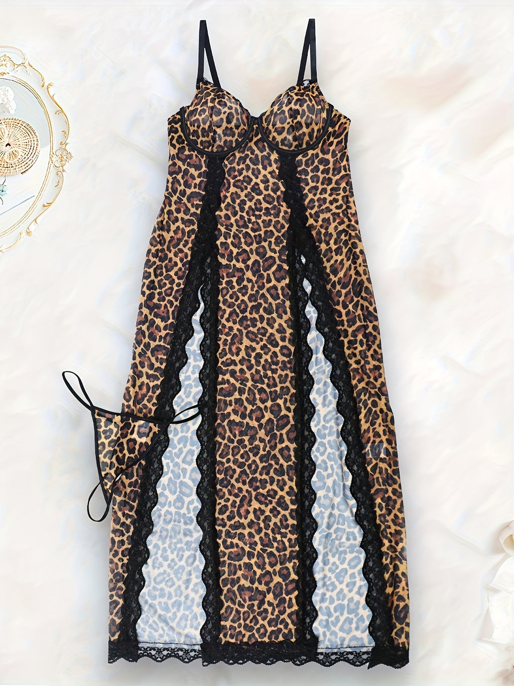 Wild Charm Style Leopard Print Lace Trim Sexy Lingerie Set