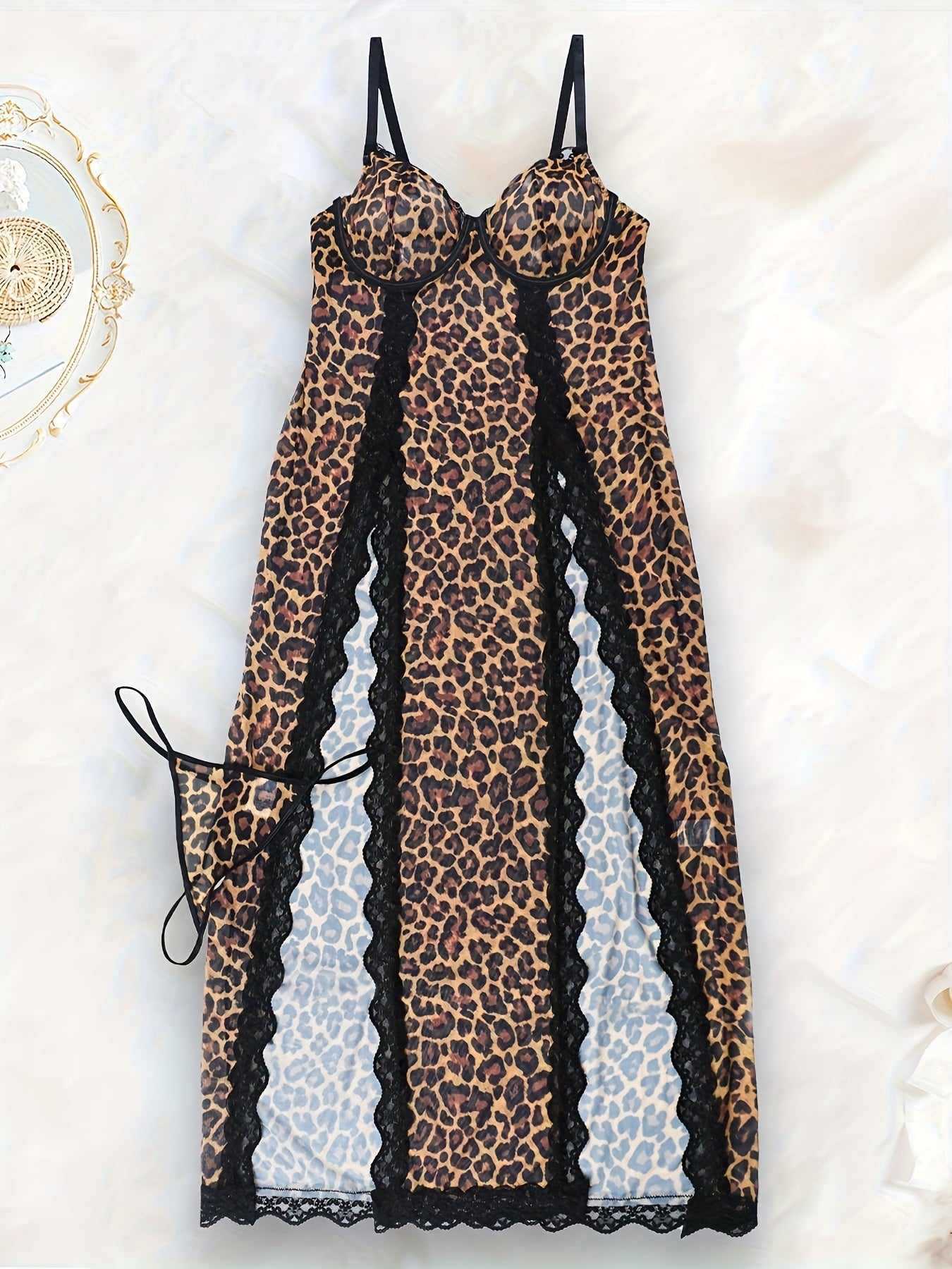 Wild Charm Style Leopard Print Lace Trim Sexy Lingerie Set
