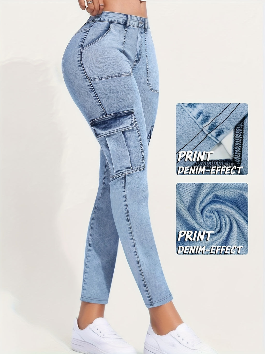 Long Leggings Printed with Faux Denim And Featuring Pocket Designs
