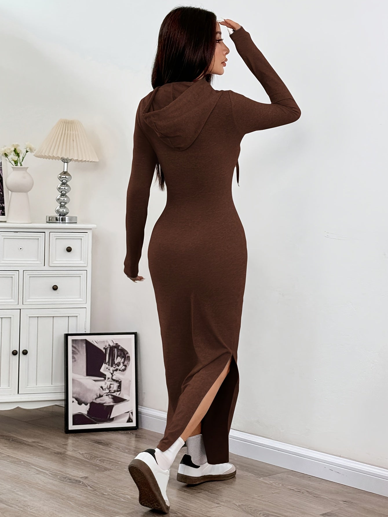 Women'S Stylish Long-Sleeve Hooded Maxi Dress - Casual Spring/Autumn Split-Hem Bodycon Dress in Solid Color, Grey, with Detachable Shoulder Straps and Kangaroo Pocket, Cute Dresses