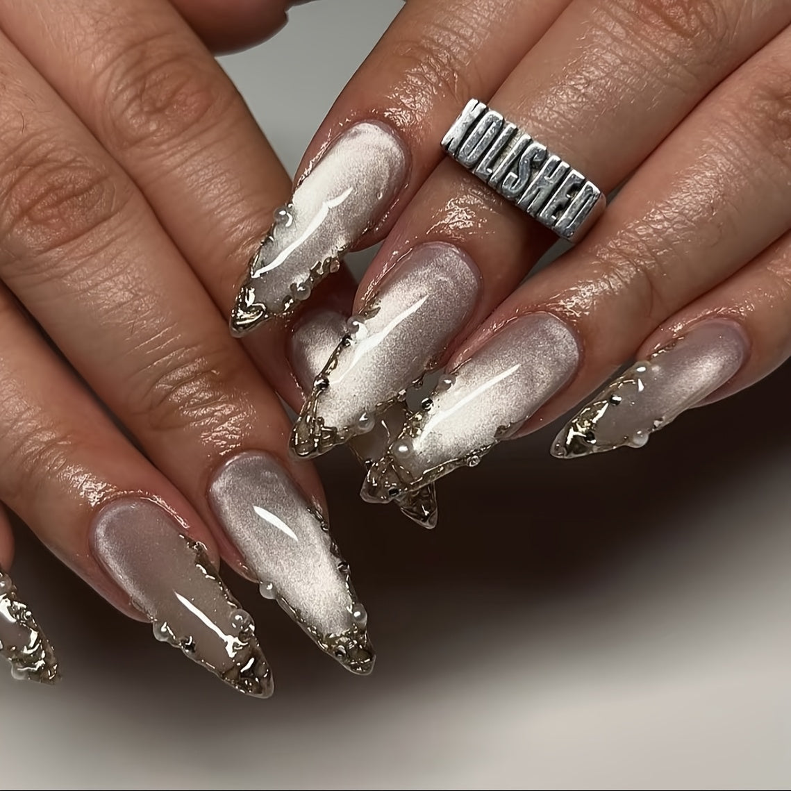 Set of 10 Handmade Press-On Nails Stiletto Shape in Champagne And Golden French Styles, Adorned with Luxurious Crystals And Shiny Pearls