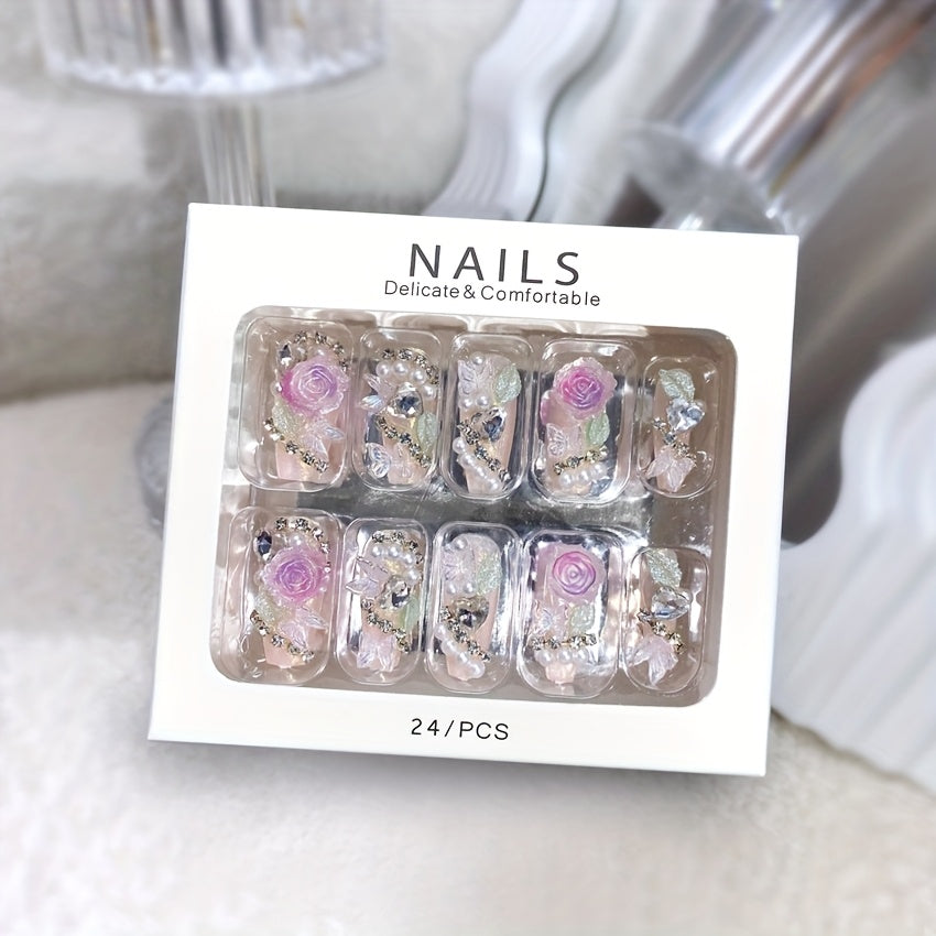 {24pcs} Shiny Flower Fake Nails