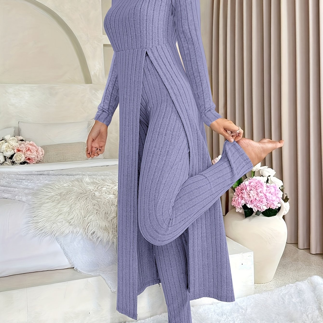 Two-piece Set of Ribbed Long-sleeved Top and Pants