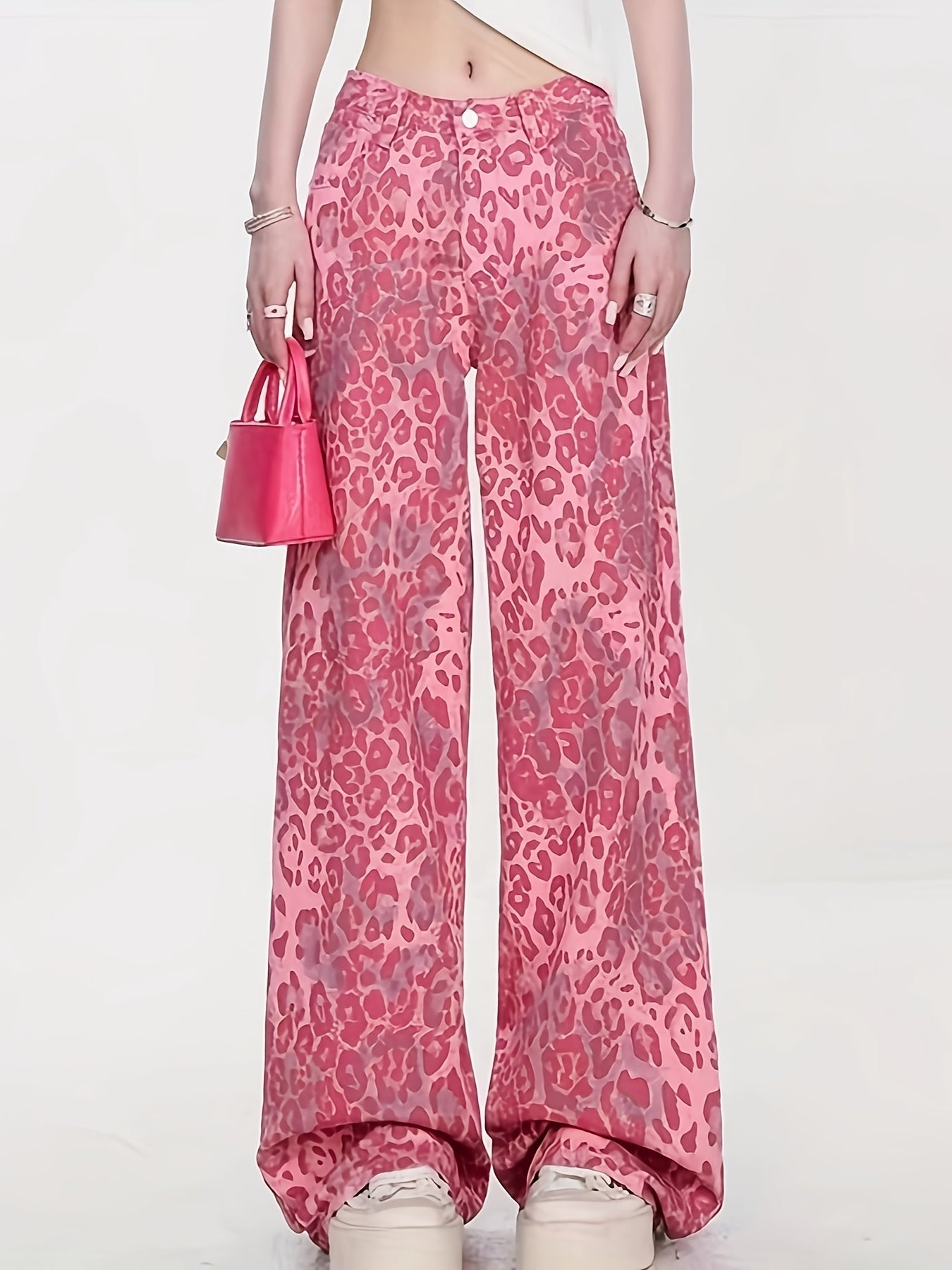 Loose Pink Leopard Print Denim Long Pants