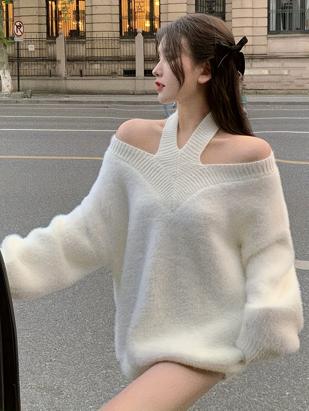 's White Oversized Off-Shoulder Winter Sweater - Collar Long Sleeve Loose Fit Coat Jacket, Reversible Collar Blazer for Fall/Winter, Hand Washable (No Transparency) Office to Party Wear