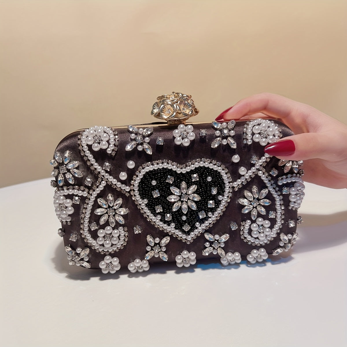 Beaded Clutch Handbag with Detachable Strap