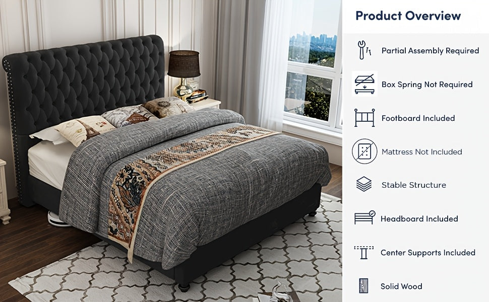 Velvet Bed Frame with Button Tufted 52.8" Tall Sleigh Headboard