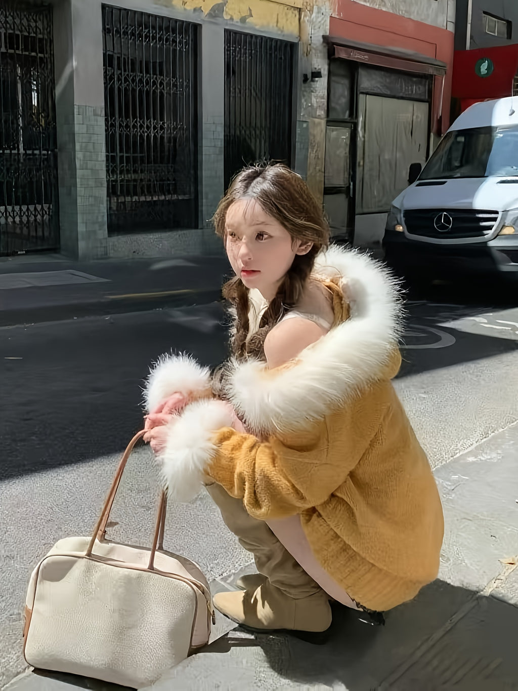 Yellow Hooded Cardigan with Faux Fur Trim