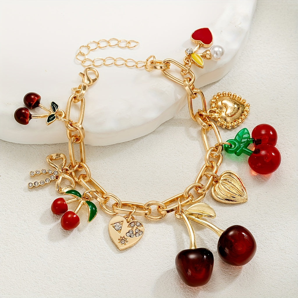 Sweet Cherry Bracelet with Heart & Bow Charm