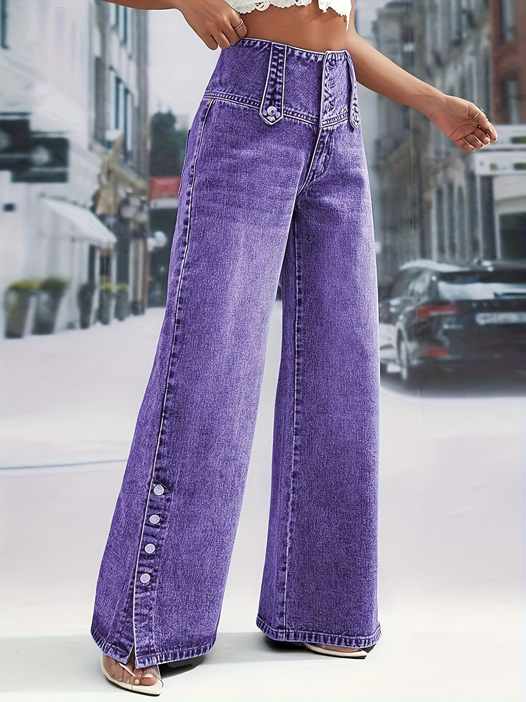 High-Waisted Snowflake Denim Pants with Buckle & Snap Closure