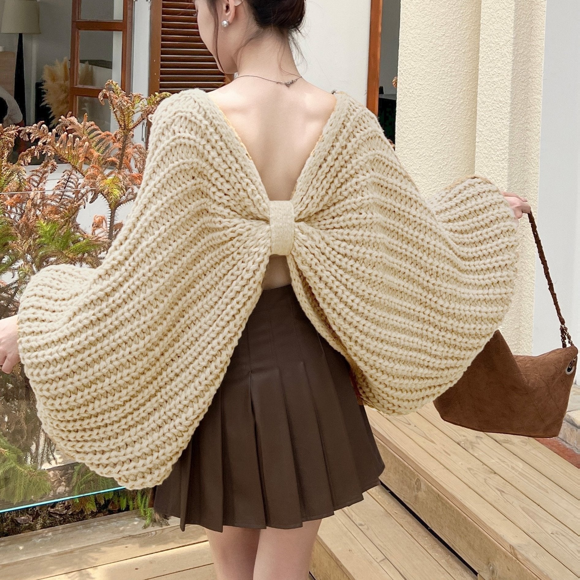 Women'S Vintage-Inspired Oversized V-Neck Sweater with Large Bow & Chest Knot - & Brown Color Block, Short Length, Spring/Fall Layering Piece for Casual & Formal, Spring Fall Layering, Classic Knitwear, Soft Texture