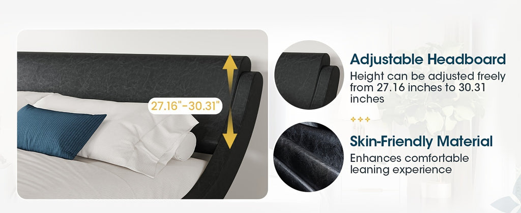 WEEWAY Modern Upholstered Platform Bed Frame, Faux Leather Sleigh Bed With Adjustable Headboard, Strong Wood Slats Support, No Box Spring Needed