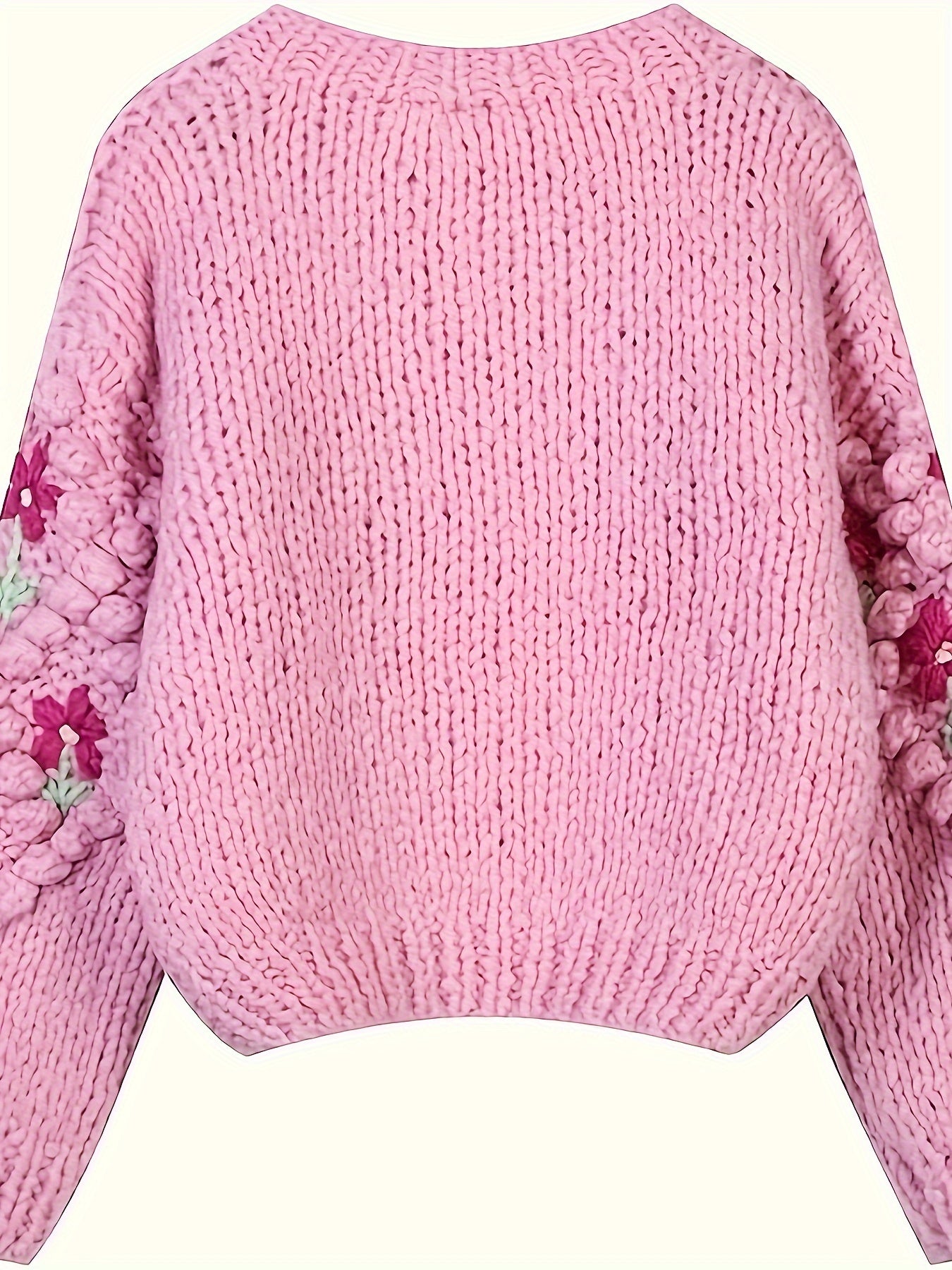 Women's Embroidered Floral Acrylic Cardigan - Cute Crew Neck Knit Sweater with 3D Flower Details for Fall/Winter