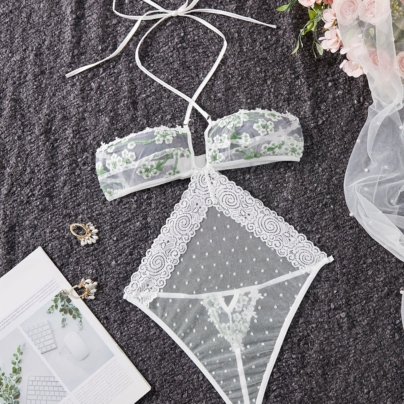 Lace and Mesh Embroidered Bodysuit with Ribbon Necktie