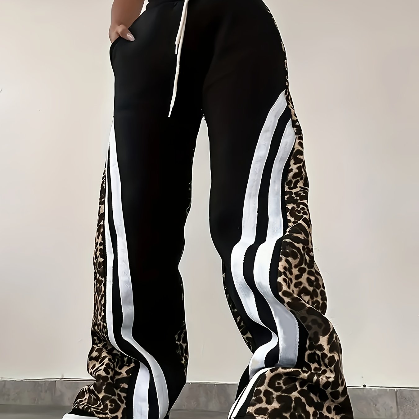 Leopard Print Wide-Leg Pants with Side Drawstring