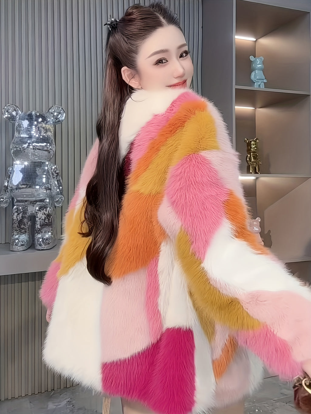 Rainbow Color Block Faux Fur Coat