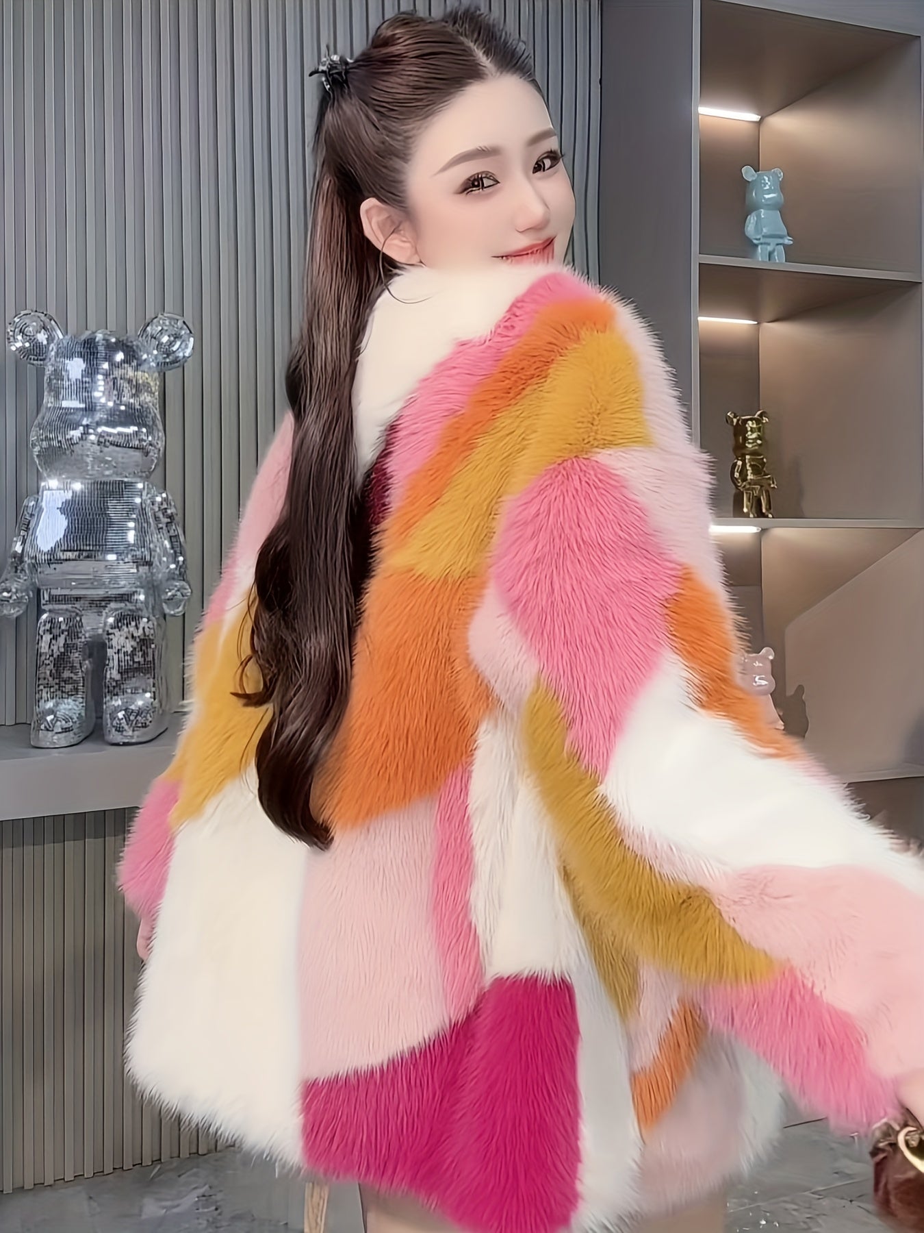 Rainbow Color Block Faux Fur Coat
