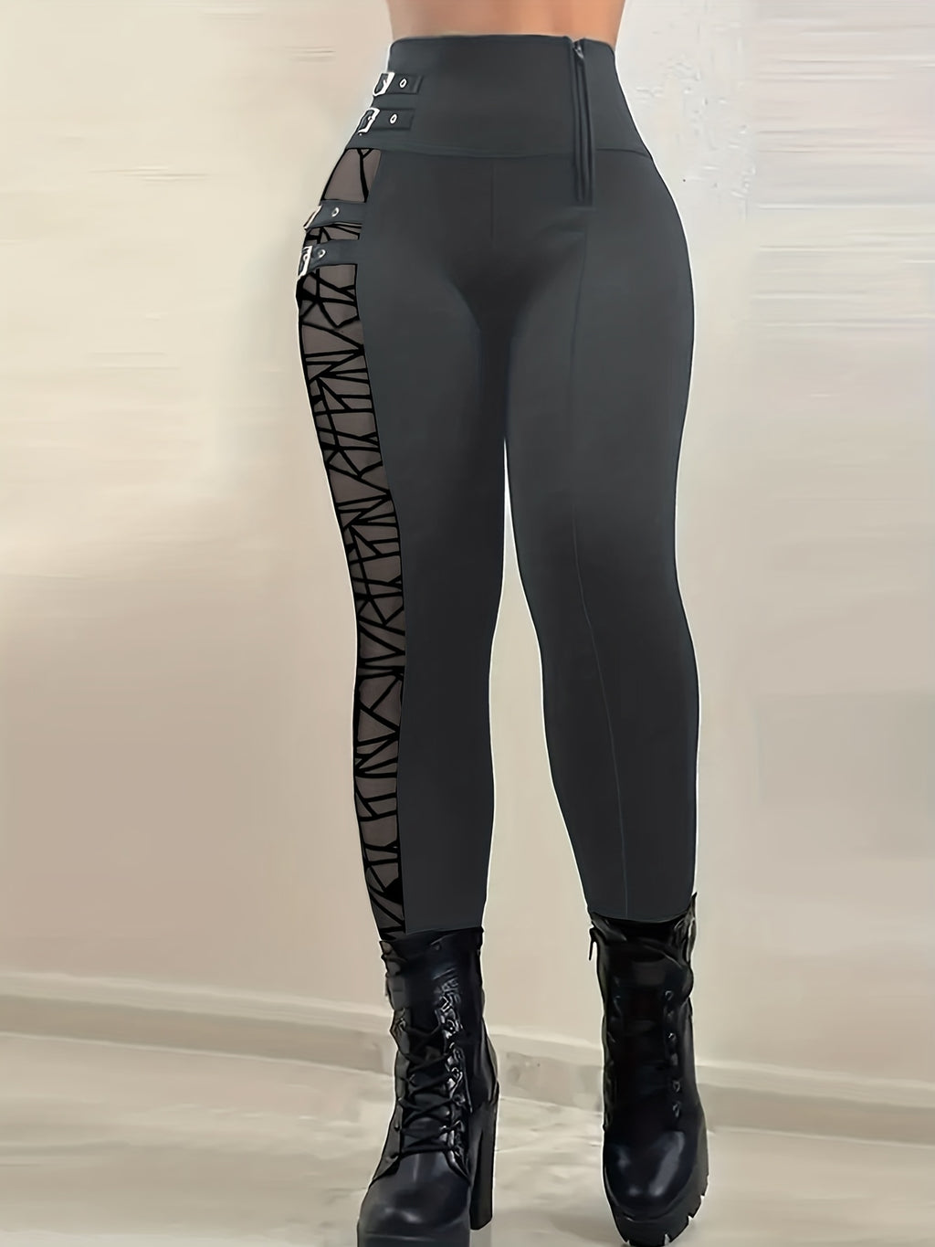 High-Waisted Stretchy Leggings with Mesh Panels & Zipper Detail