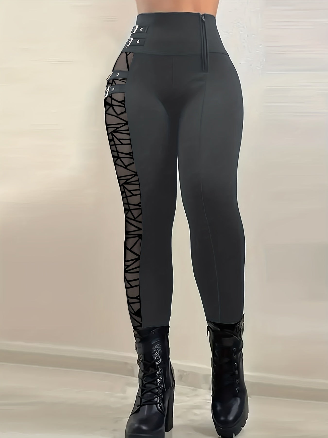 High-Waisted Stretchy Leggings with Mesh Panels & Zipper Detail