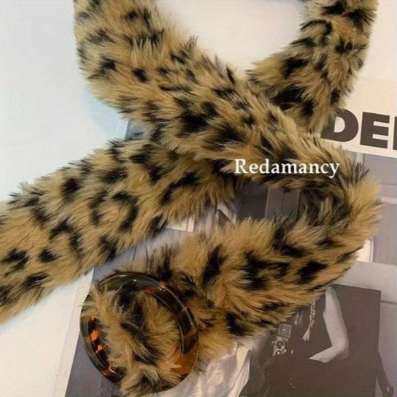 Leopard Print Imitation Leather & Plush Faux Fur Belt with Plug Buckle