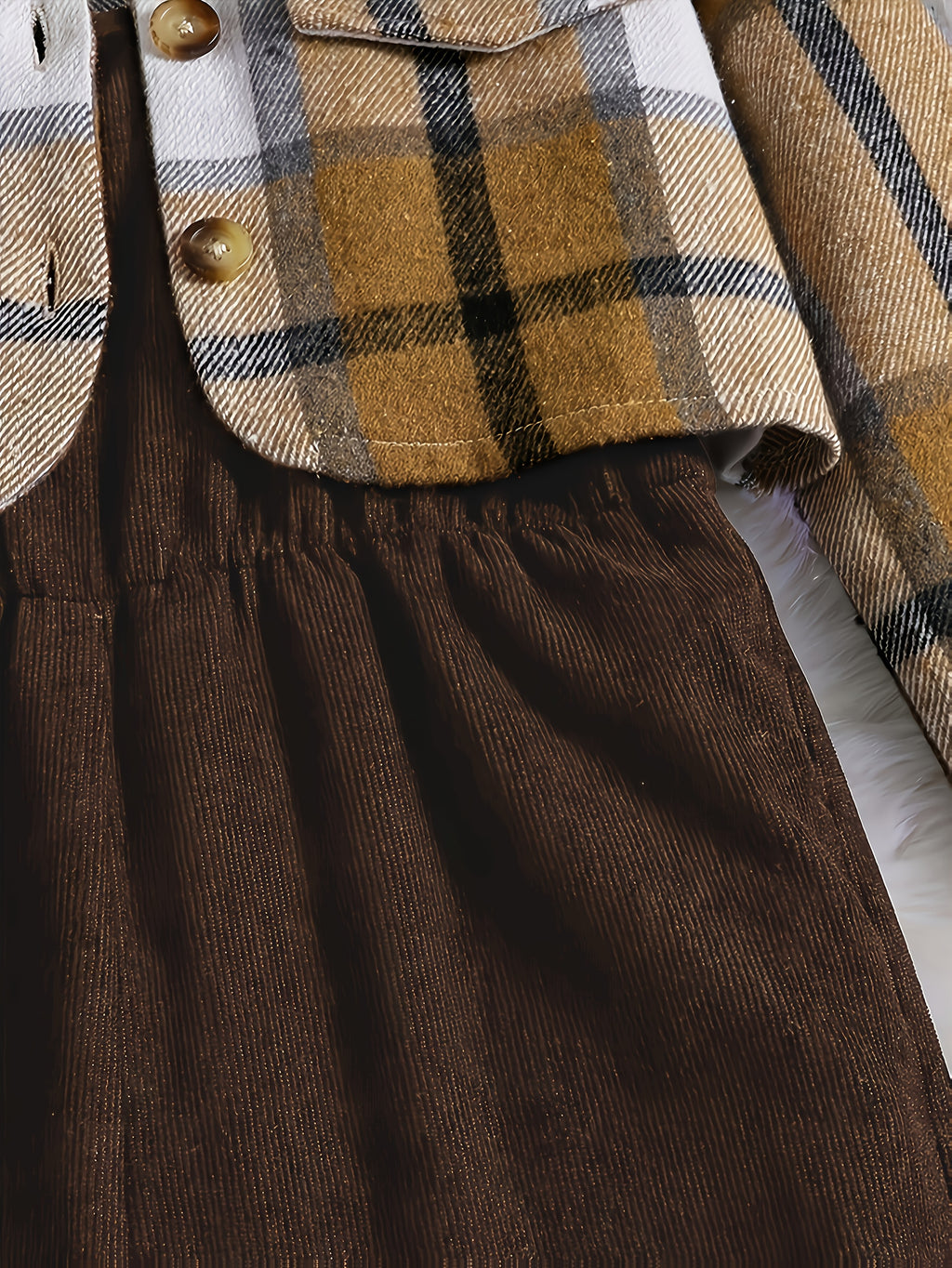 2025 New Elegant Vacation Style: Plaid Printed Button Top with Solid Color Ribbed Camisole Jumpsuit Set