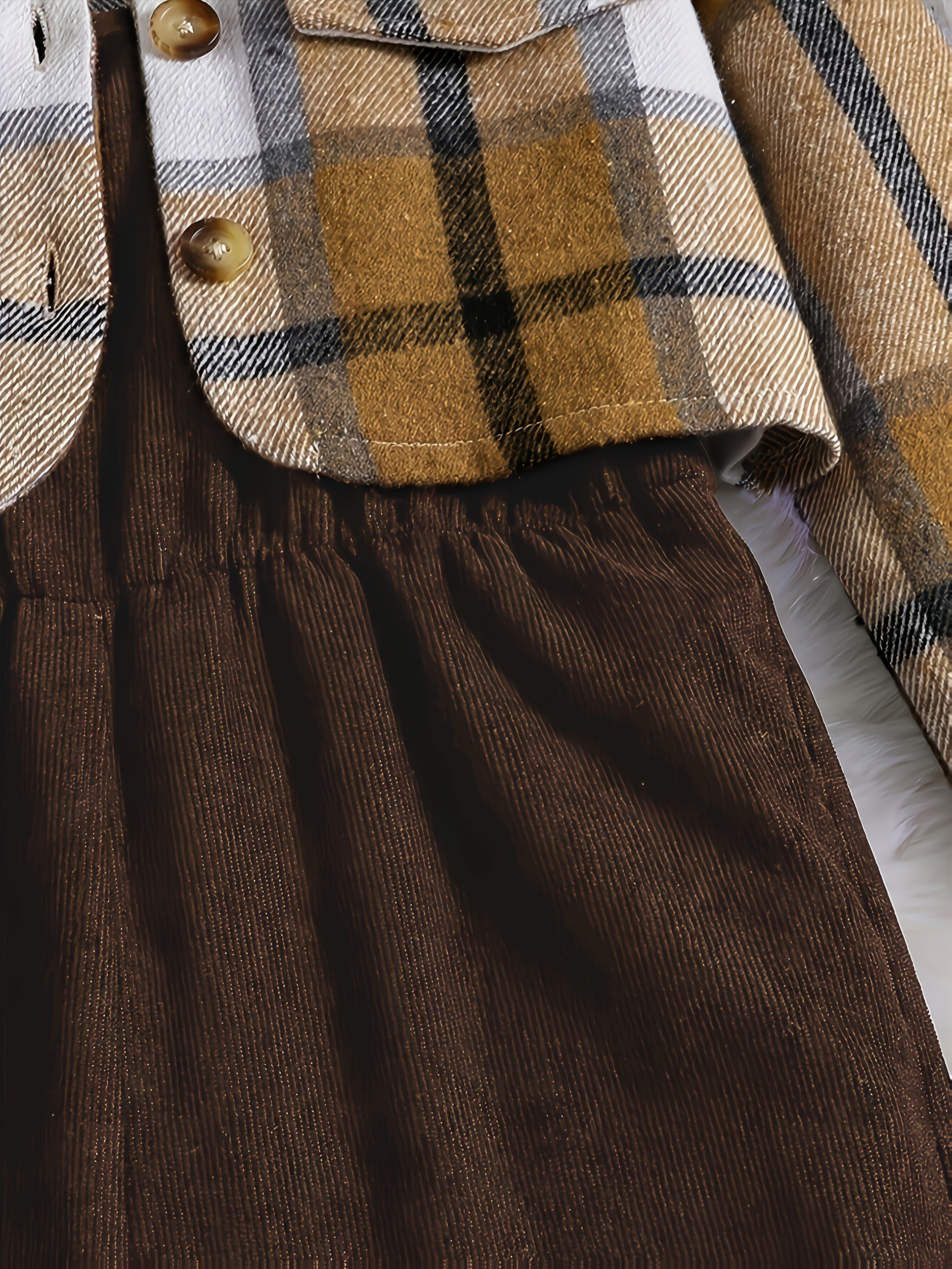 2025 New Elegant Vacation Style: Plaid Printed Button Top with Solid Color Ribbed Camisole Jumpsuit Set