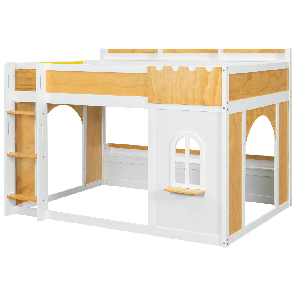 Full over Full Bunk Bed with Storage Shelves, Window & Two Doors - Twin/Full Bed Frame, Space-Saving Heavy-Duty, 550 Weight Capacity, Easy Assembly (White & Natural) for ' Bedrooms, Dorms, Guest rooms