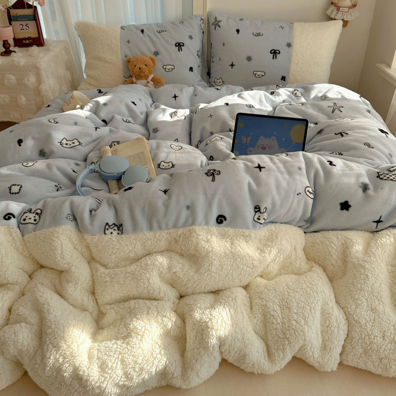 {3/4pcs} Cartoon Lambskin + Milk Velvet Set