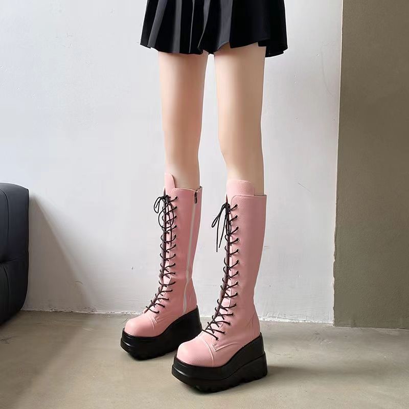 Punk Gothic Chunky Platform Boots with Butterfly Lace-Up Ankle & Calf Straps
