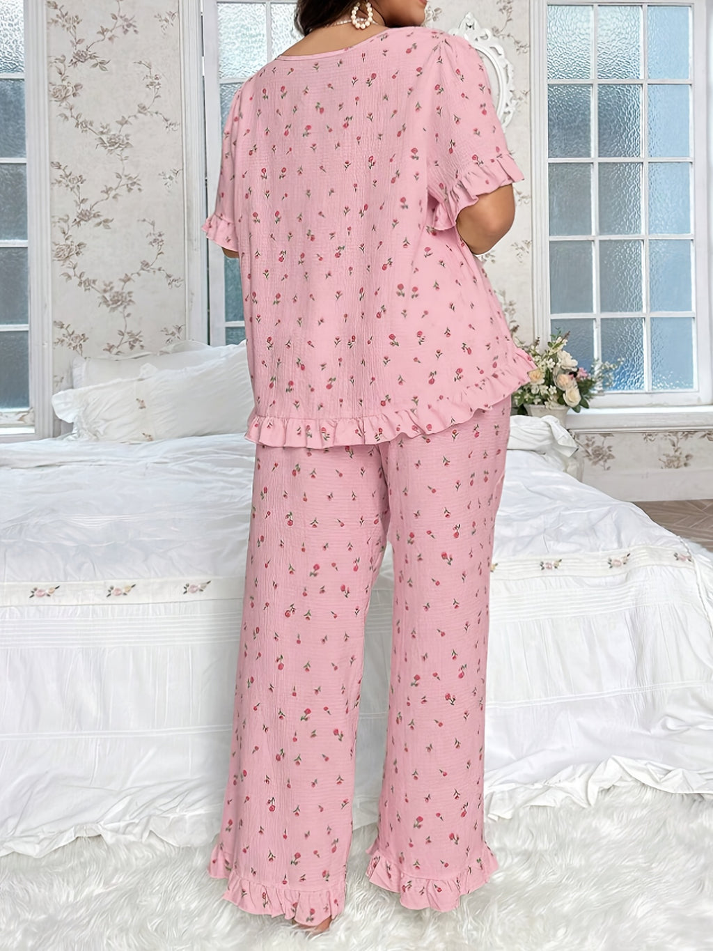 Casual Loose Floral Print Square Neck Bow Decor Pleated Hem Ruffle Edge Short Sleeve Top Set