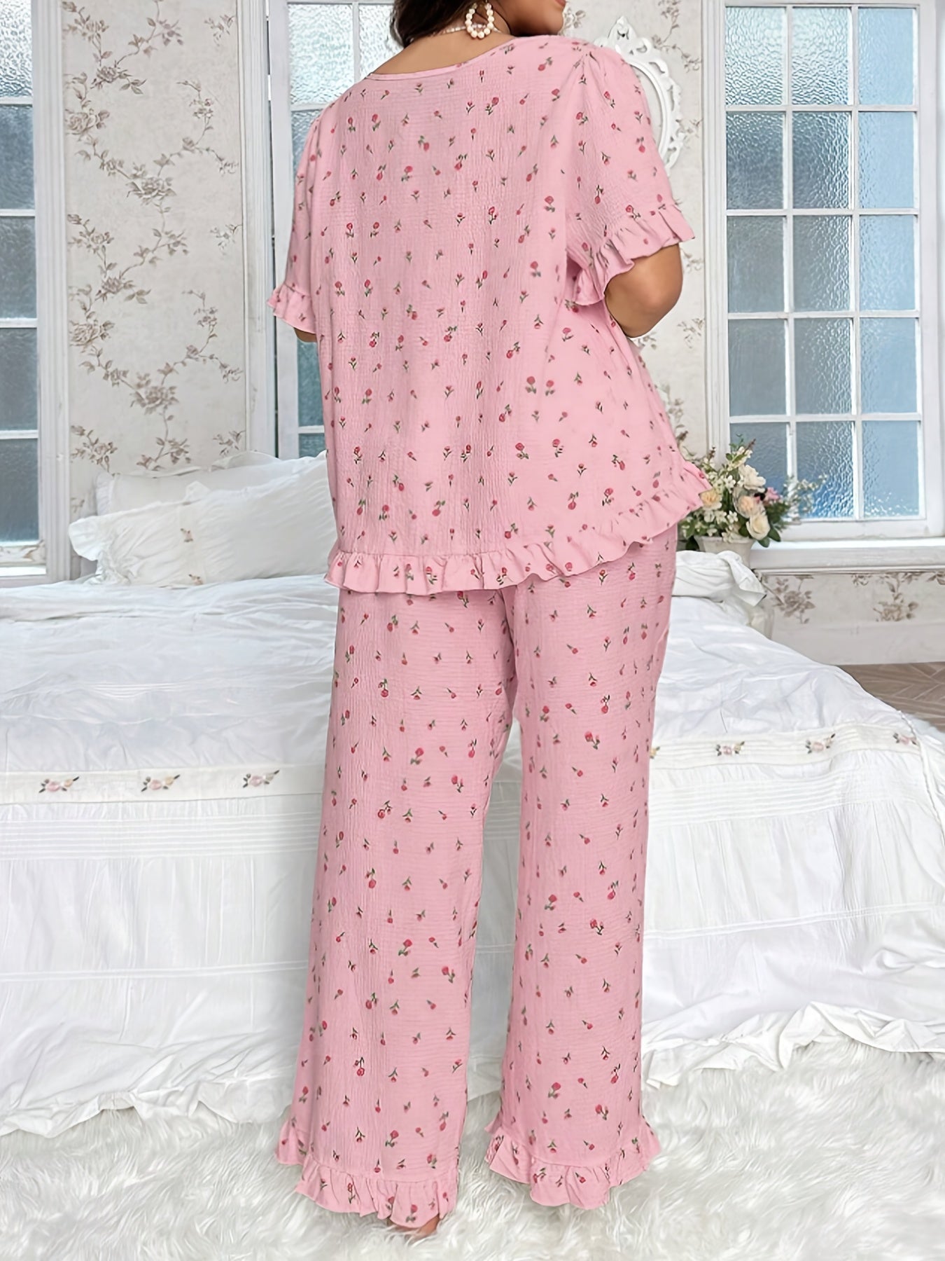 Casual Loose Floral Print Square Neck Bow Decor Pleated Hem Ruffle Edge Short Sleeve Top Set