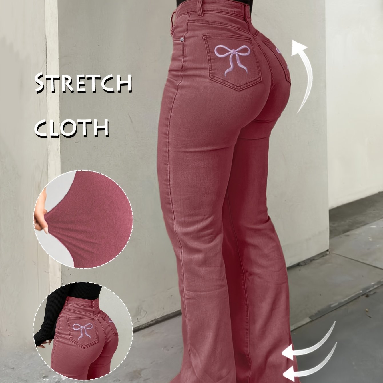 Women'S High-Waisted Stretch Denim Flare Jeans with Embroidered Bow Detail, Street Style Casual Pants, All-Season Comfort, Blue, High Waisted Jeans, Comfortable Fashion, Durable Fabric