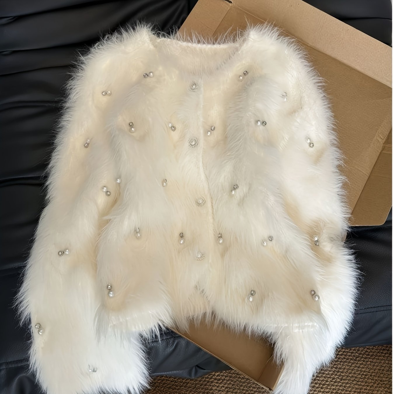 Pearl-Adorned White Sweater Jacket