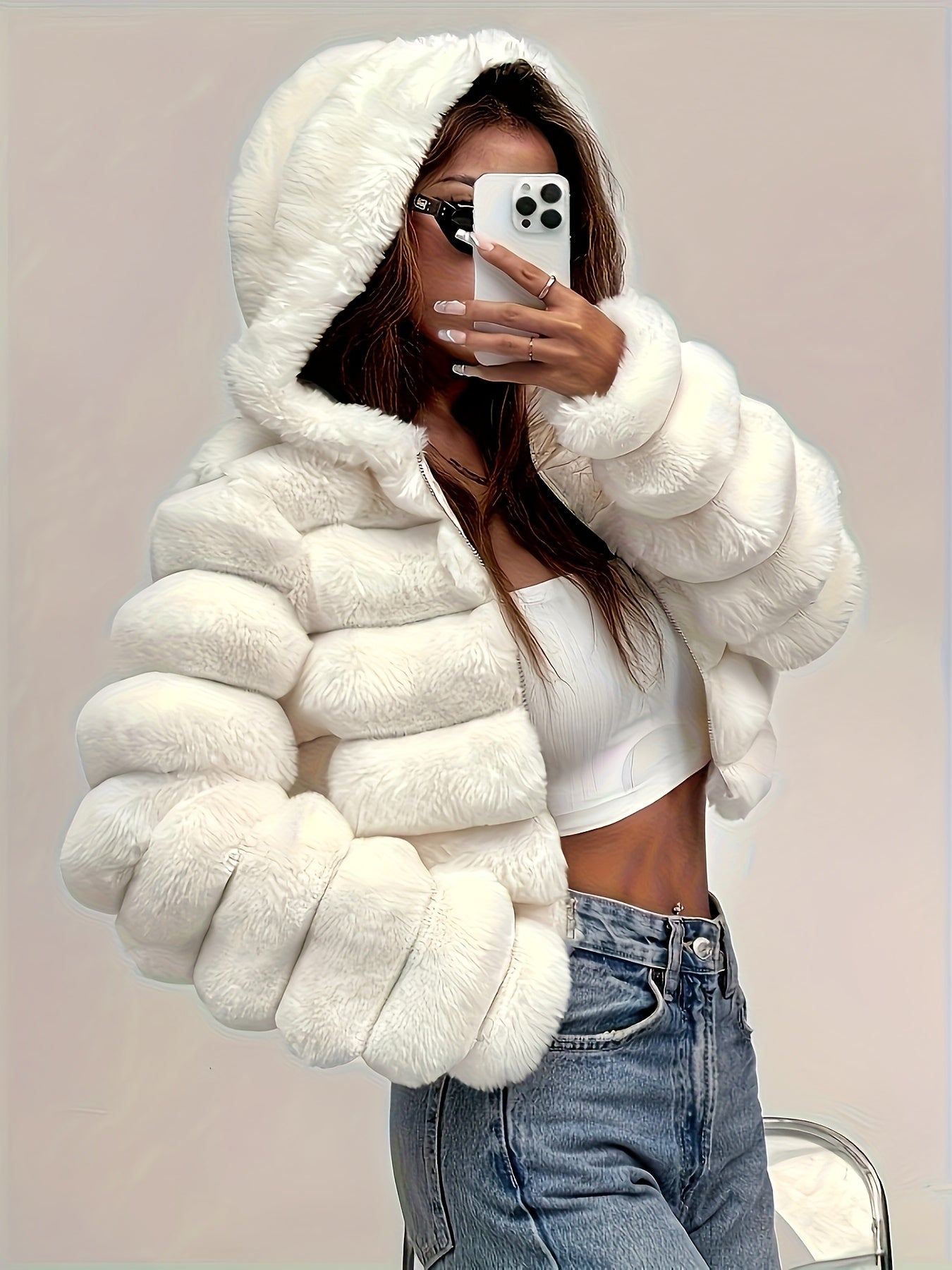 Women'S Elegant White Faux Fur Hooded Jacket - Zip-Up Mid-Length Winter Coat with Puffy Sleeves, Perfect for Fall & Winter, Stylish Layering Piece, Winter Coat