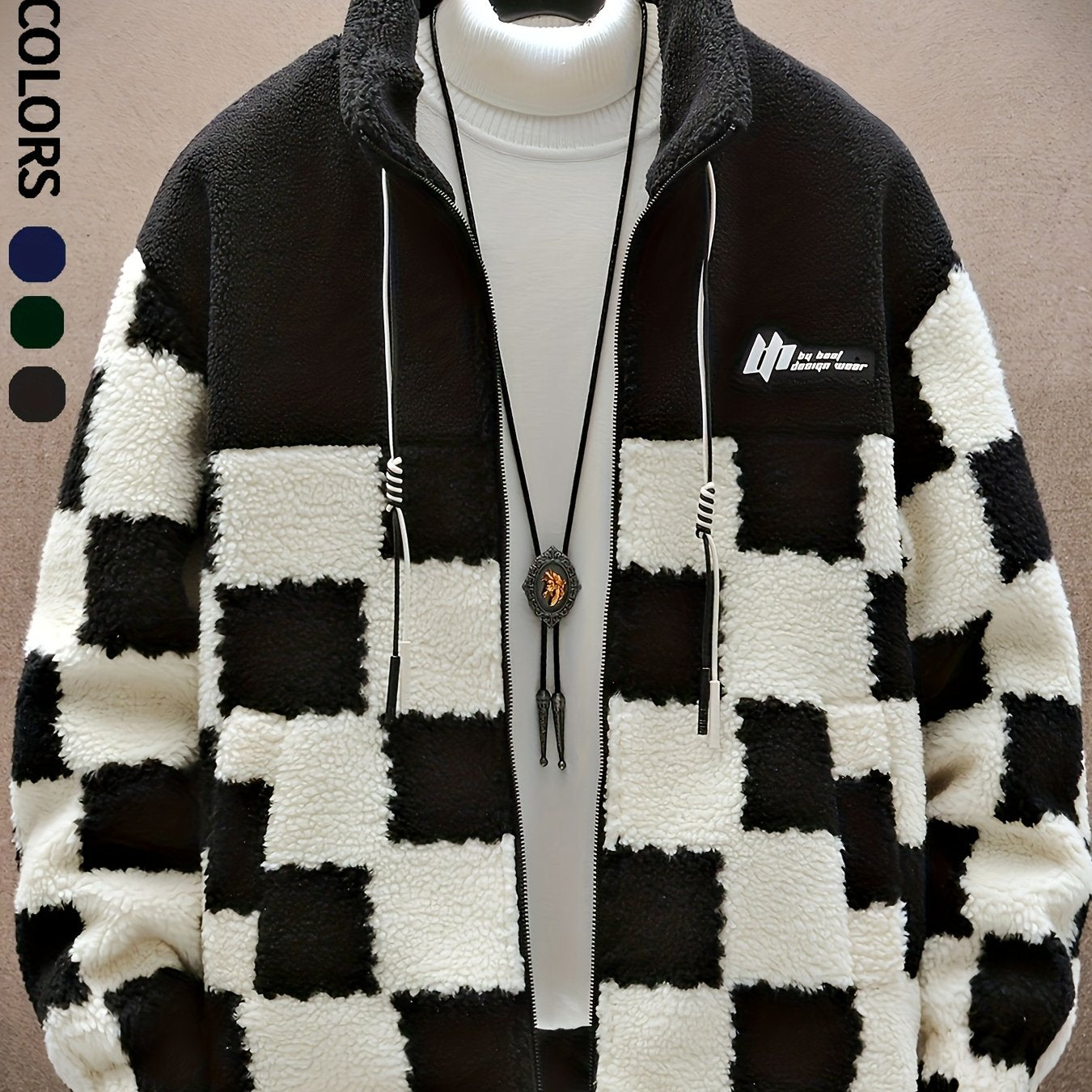 Blue & White Plush Checkered Winter Coat