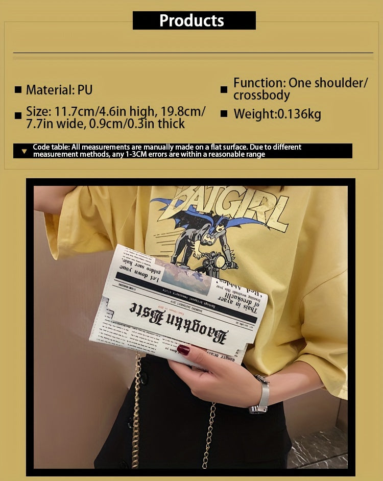 Trendy Chain Crossbody Newspaper Clutch Bag - Women's Envelope Flap Purse For Party Prom