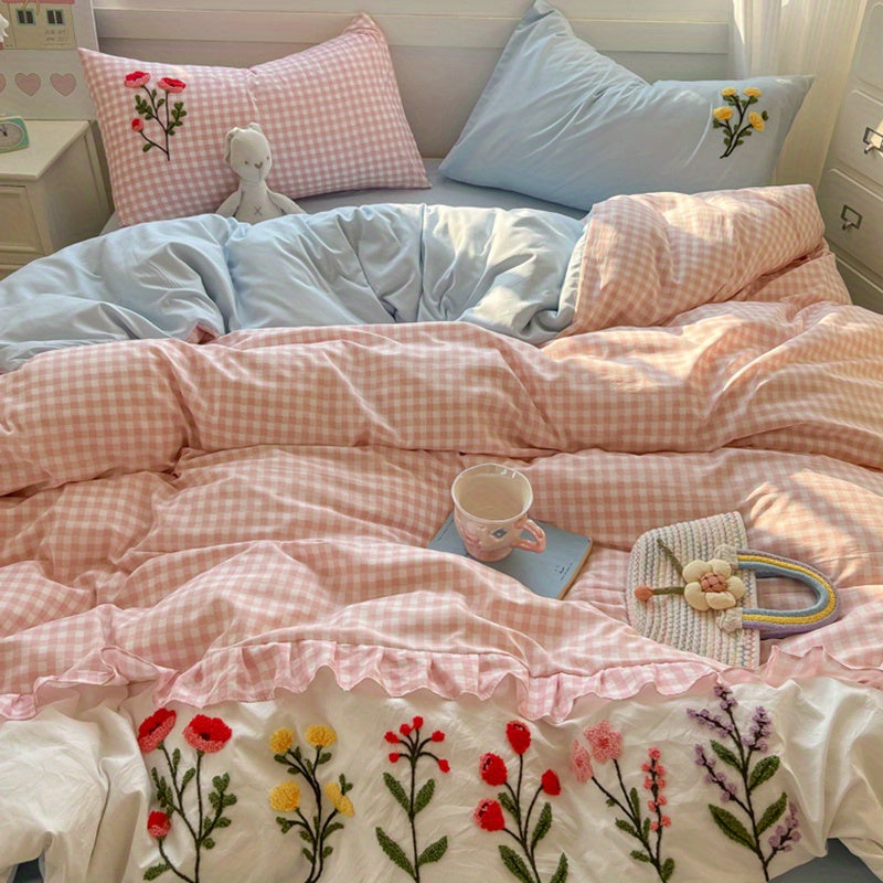Pink Checkered + 3D Floral Embroidery Duvet Cover Set (1 Duvet Cover + 2 Pillowcases)
