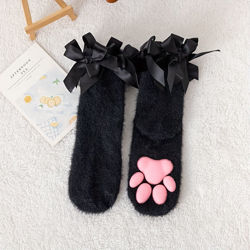 1 Pair Autumn Winter 3D Cat Paw Women'S Socks, Polyamide 100% Fuzzy Knit Fabric, Solid Color, Hand Wash or Professional Dry Clean
