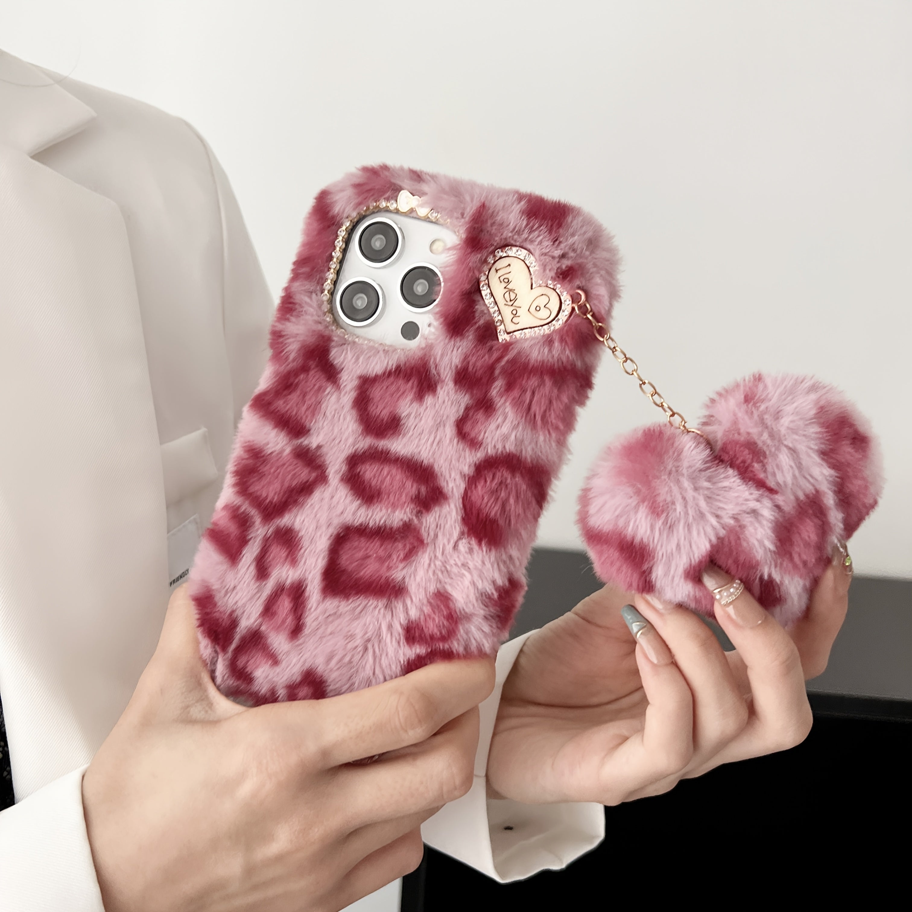 Abstract Colored Leopard Print Matching Lanyard 3D Heart Accessory iPhone Case