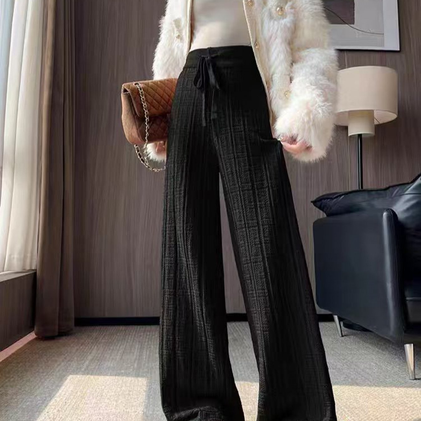 Women'S High-Waisted Wide-Leg Trousers - Elegant Solid Black/Color with Drawstring Waist & Belt, Structured Jacquard Fabric, Loose-Fit Straight-Leg Design for Resortwear, Casual to Formal Events - Spring/Fall Trousers (2025 C