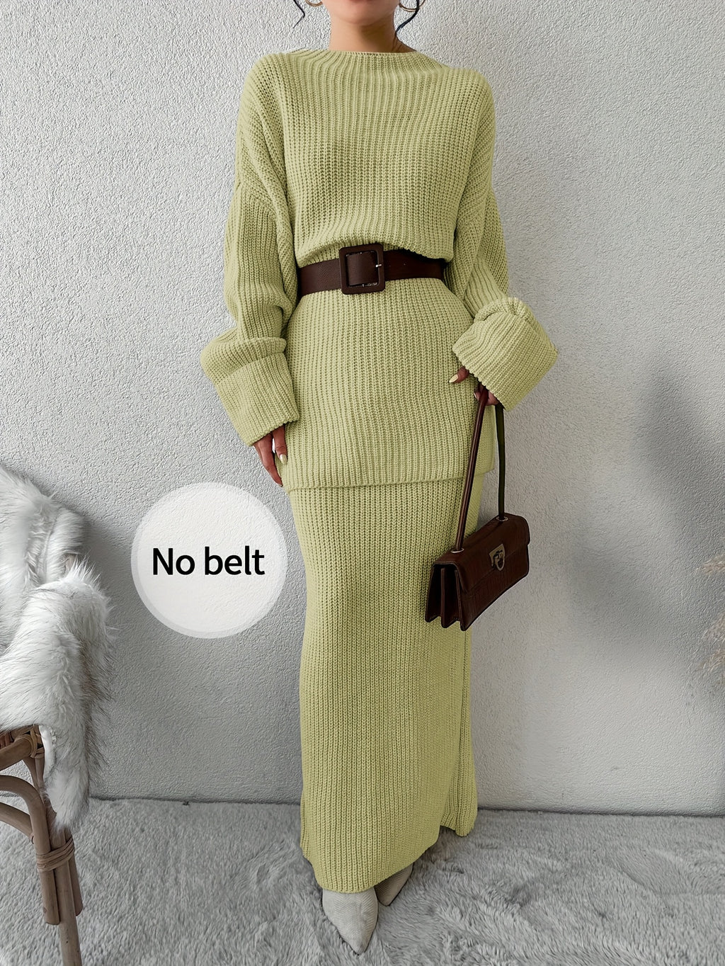 Drop Shoulder Ribbed Crew Neck Sweater Set and Maxi Dress