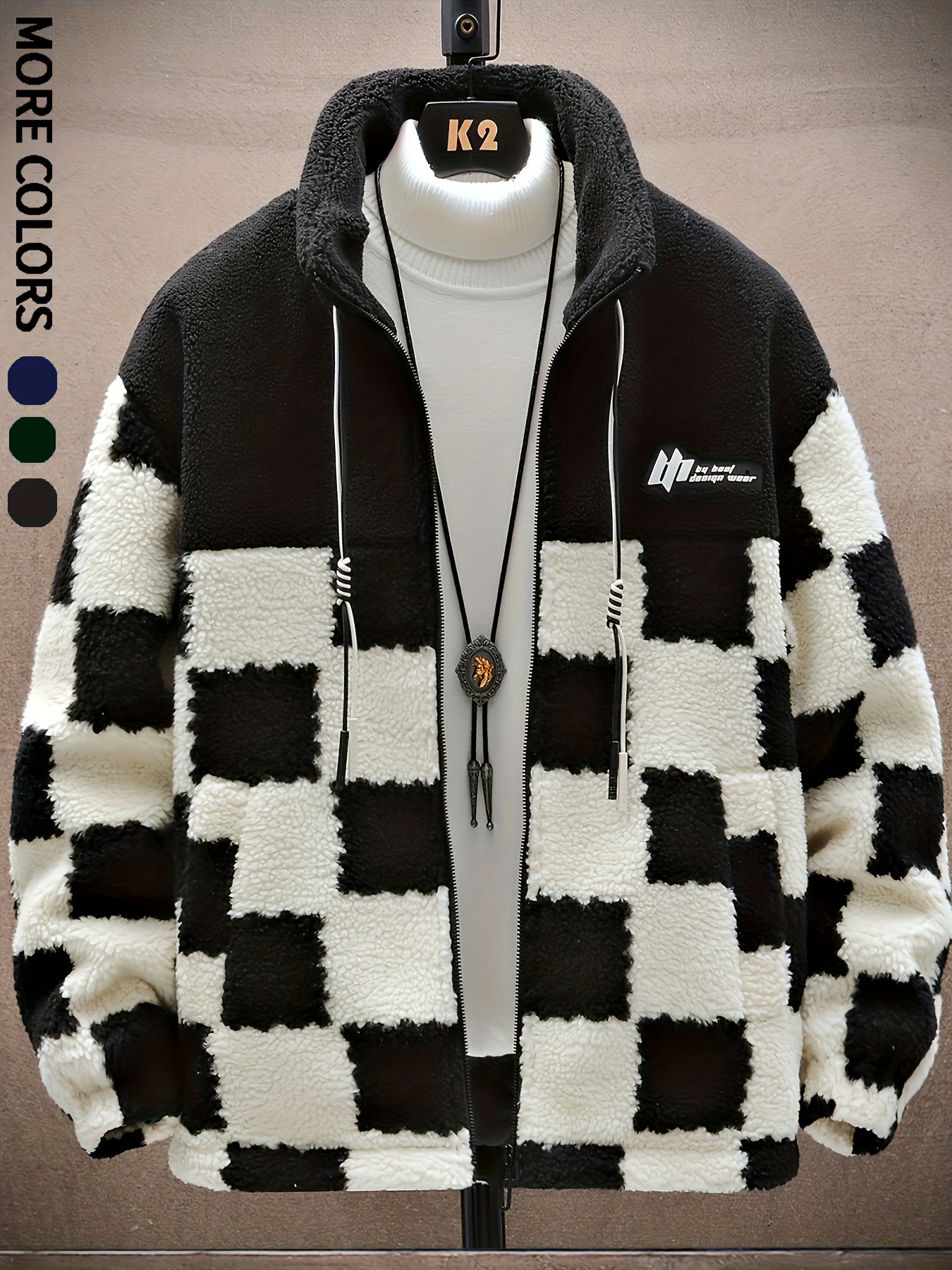 Blue & White Plush Checkered Winter Coat