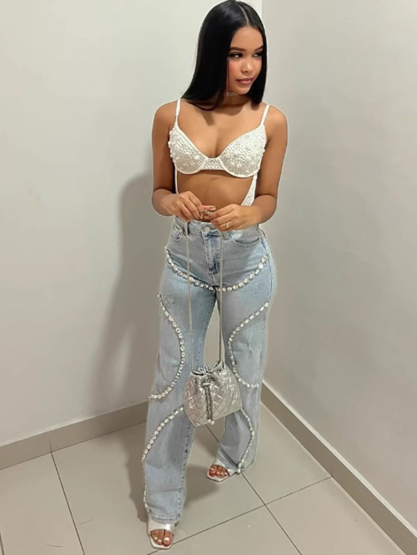 Rhinestone-Embellished Straight-Leg Jeans